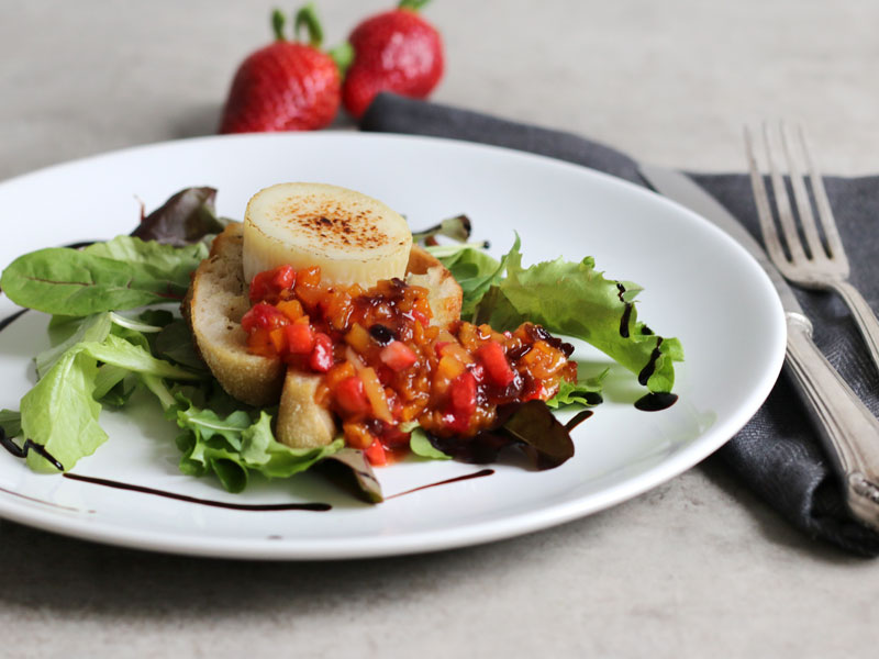 Flambéed Goat Cheese with Strawberry Salsa | Bake to the roots