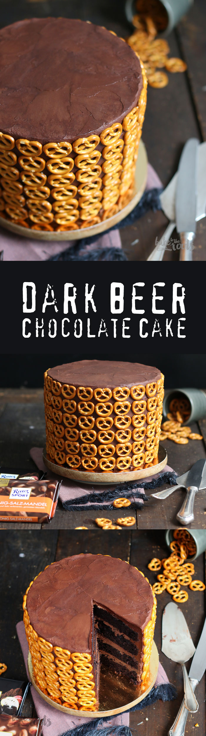 Delicious Dark Beer Chocolate Cake with a Honey-Salted-Almond Ganache Filling and Salted Pretzels | Bake to the roots