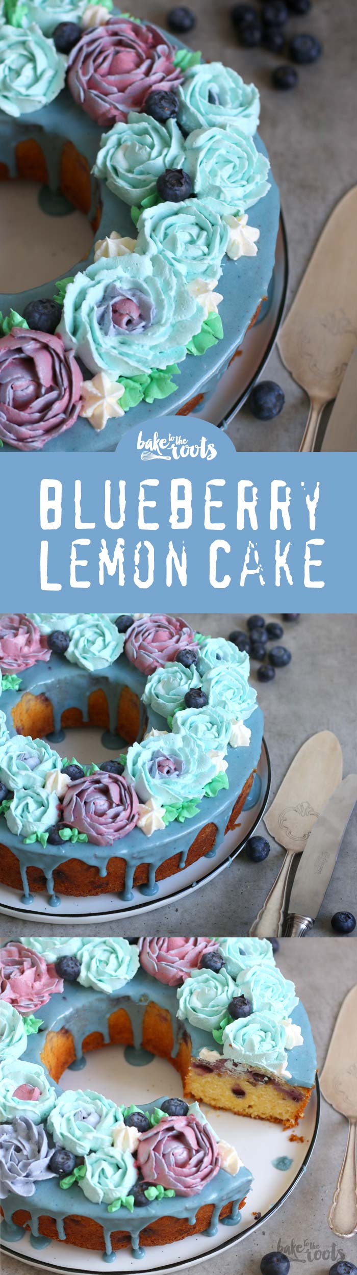Delicious cake with lemon and blueberry, topped with a nice amount of buttercream flowers - really easy to make | Bake to the roots
