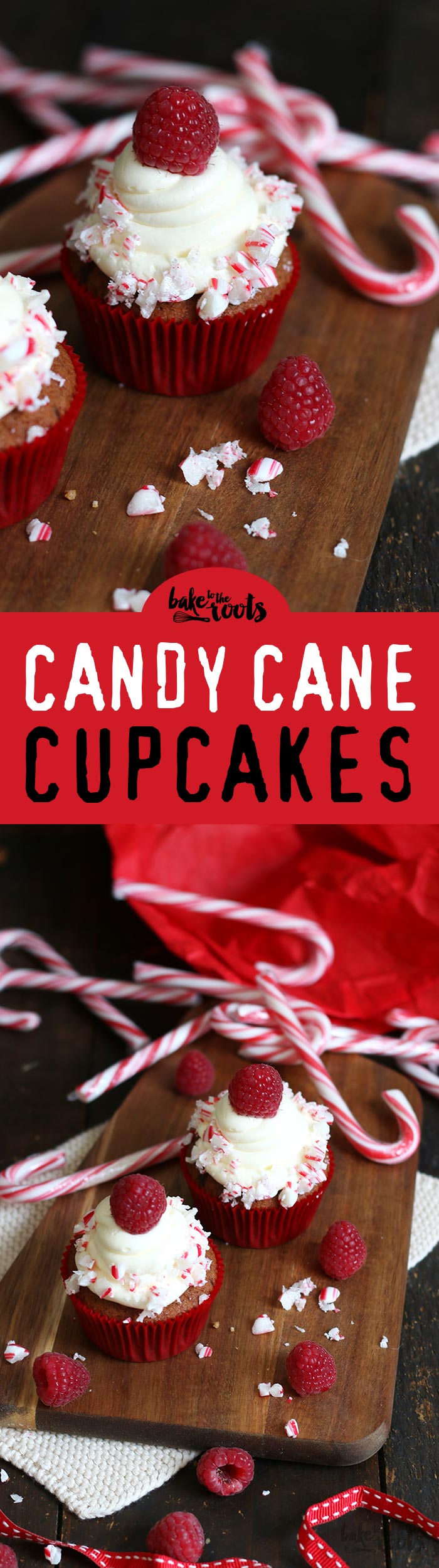 Leckere Schokoladencupcakes mit einer Füllung aus Himbeeren, Vanille Buttercreme oben drauf und Candy Cane Dekoration - perfekt für Weihnachten | Bake to the roots