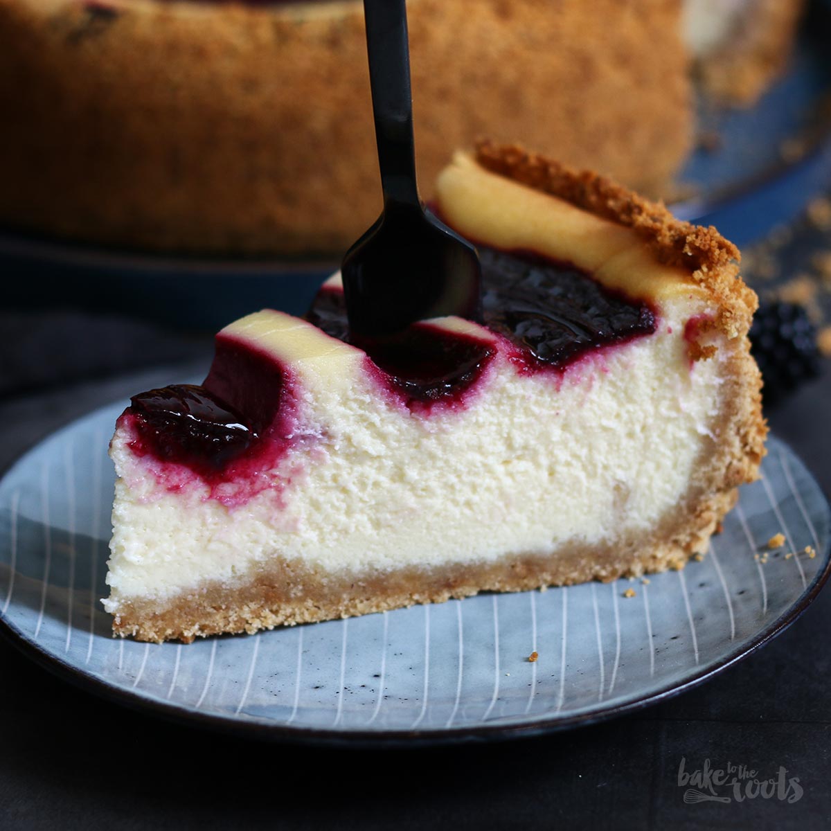 White Chocolate Blackberry Swirl Cheesecake | Bake to the roots