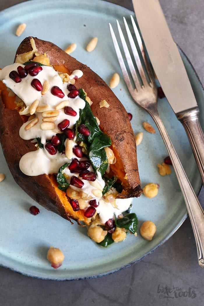 Sweet Potato with Chickpeas, Spinach and Tahini Sauce | Bake to the roots