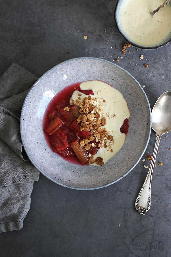 Rhubarb Compote with Vanilla Sauce and Streusel | Bake to the roots