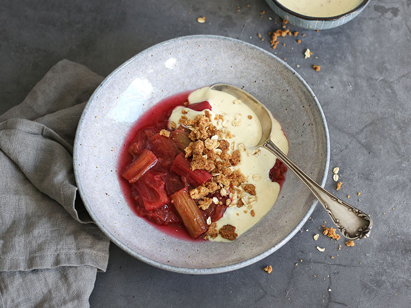 Rhubarb Compote with Vanilla Sauce and Streusel | Bake to the roots
