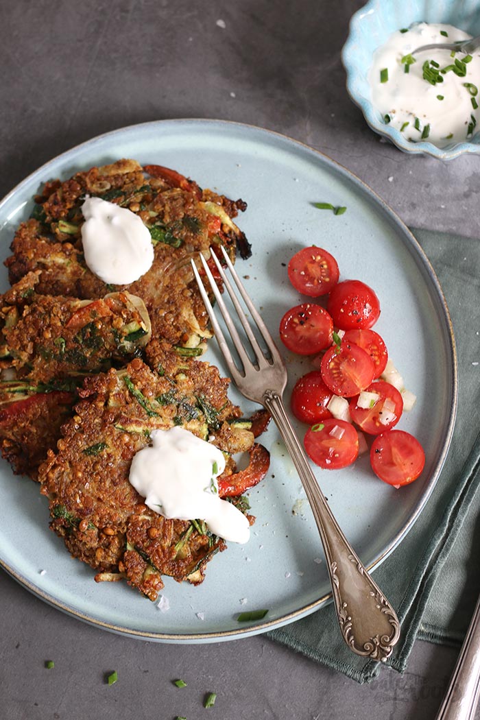Lentil Zucchini Peppers Fritters | Bake to the roots