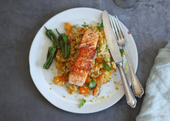 Salmon with Roasted Pepper & Quinoa Salad | Bake to the roots