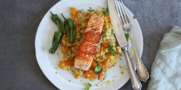 Salmon with Roasted Pepper & Quinoa Salad | Bake to the roots