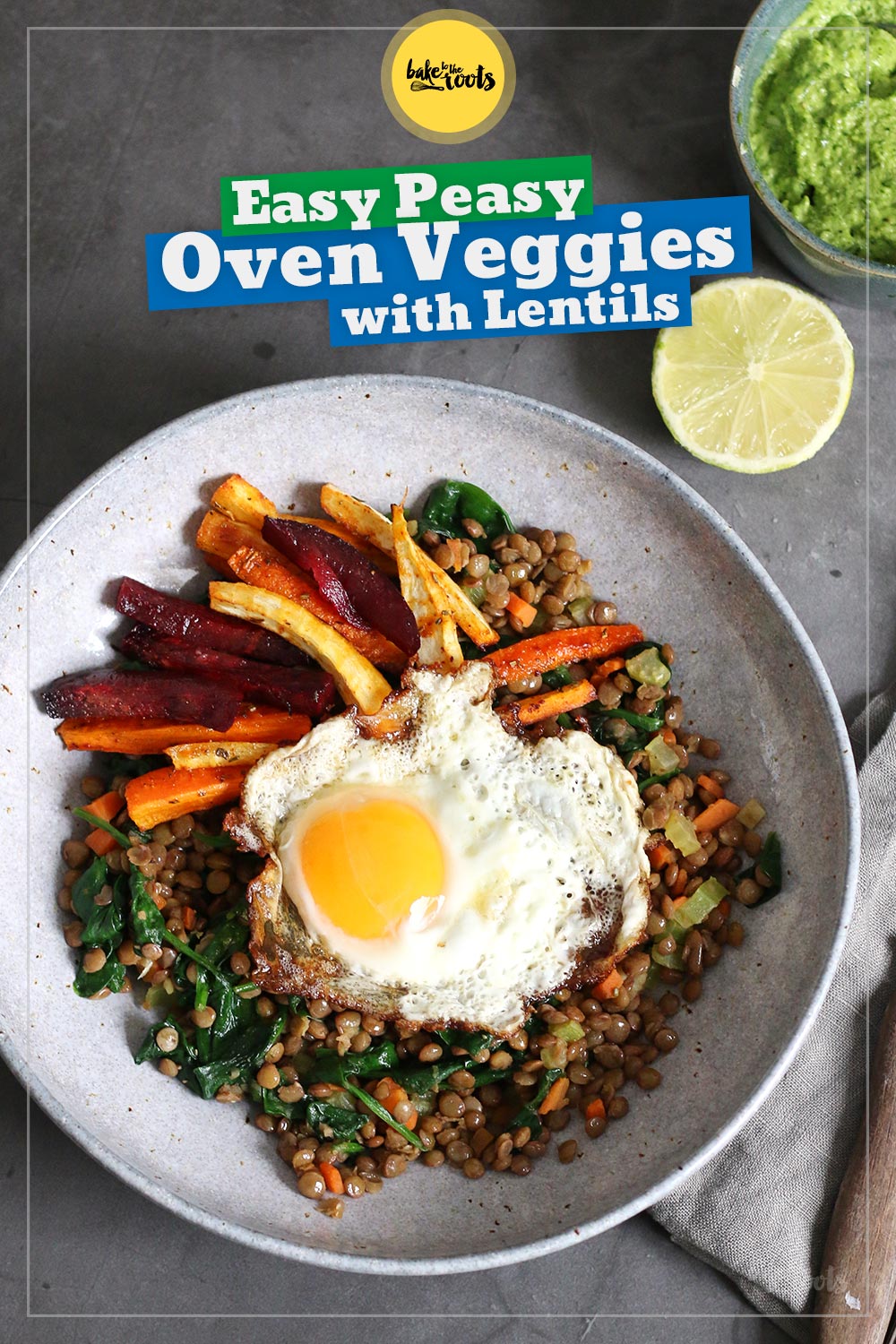 Oven Veggies with Lentils, Pesto & Eggs | Bake to the roots