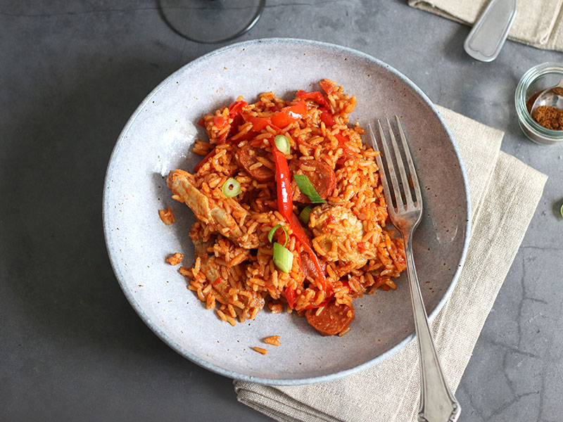 One Pot Chicken Chorizo Jambalaya | Bake to the roots