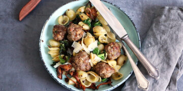 Pasta with Meatballs, Mushrooms & Kale | Bake to the roots
