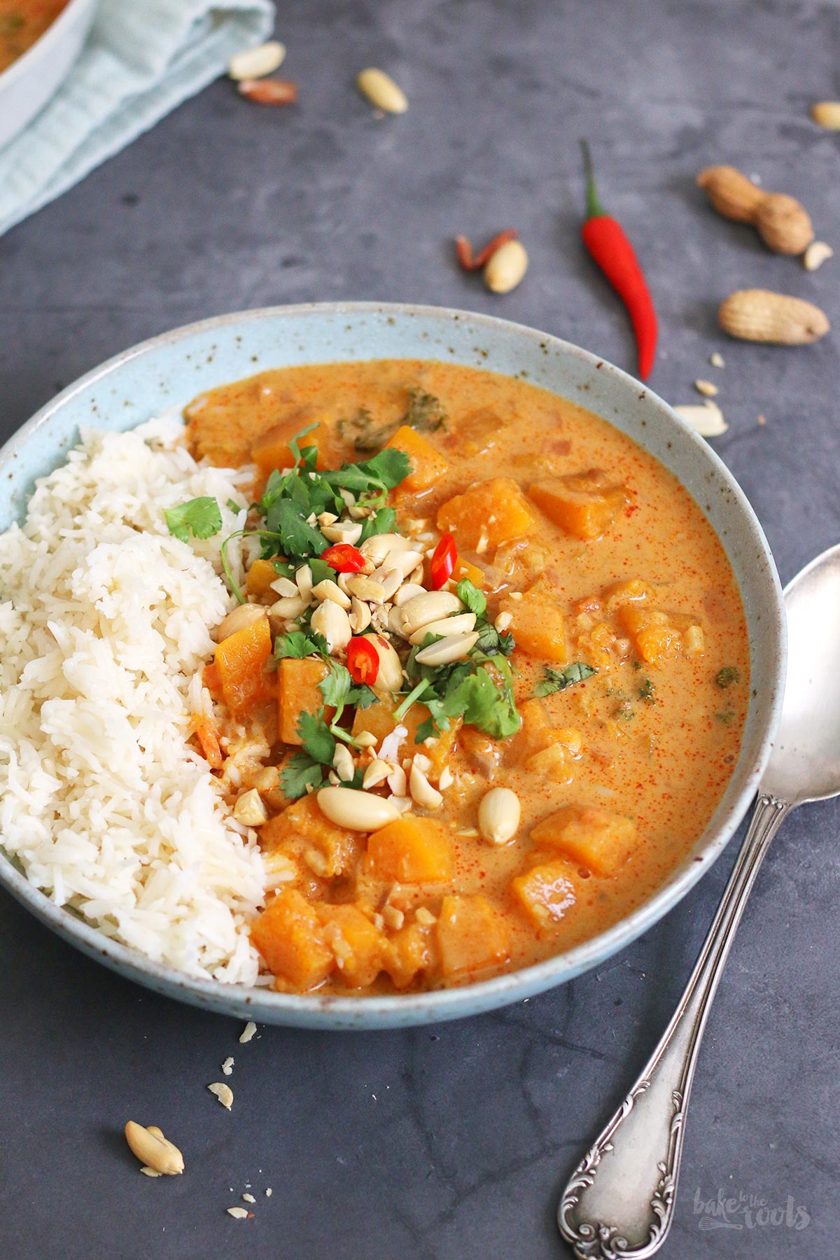 Vegan Red Thai Pumpkin Peanut Curry | Bake to the roots