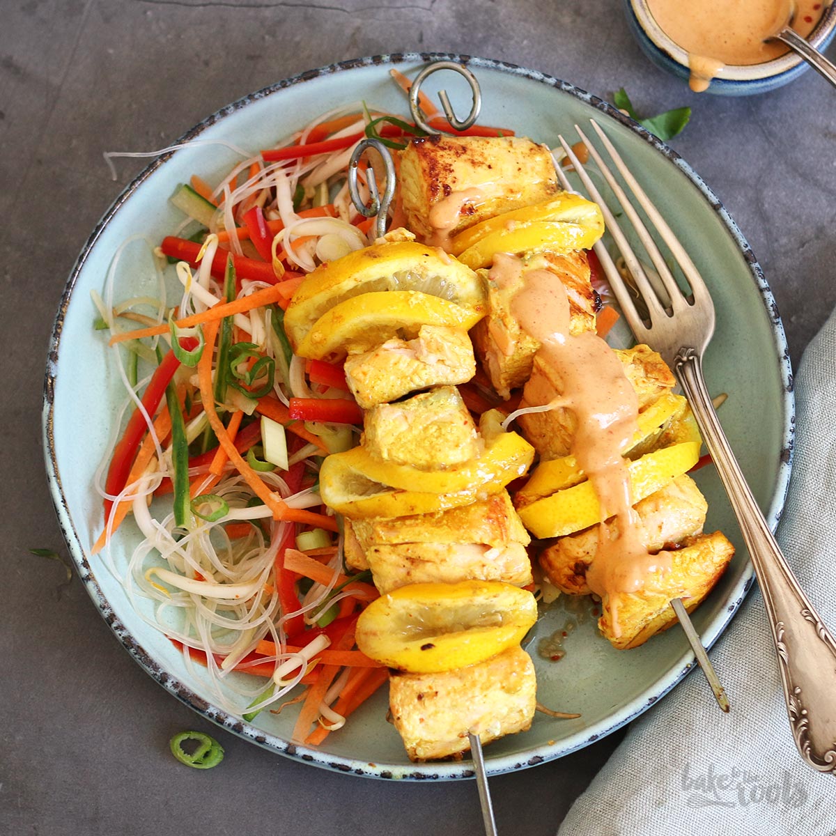 Salmon Skewers with Peanut Sauce and Vietnamese Noodle Salad Bake to
