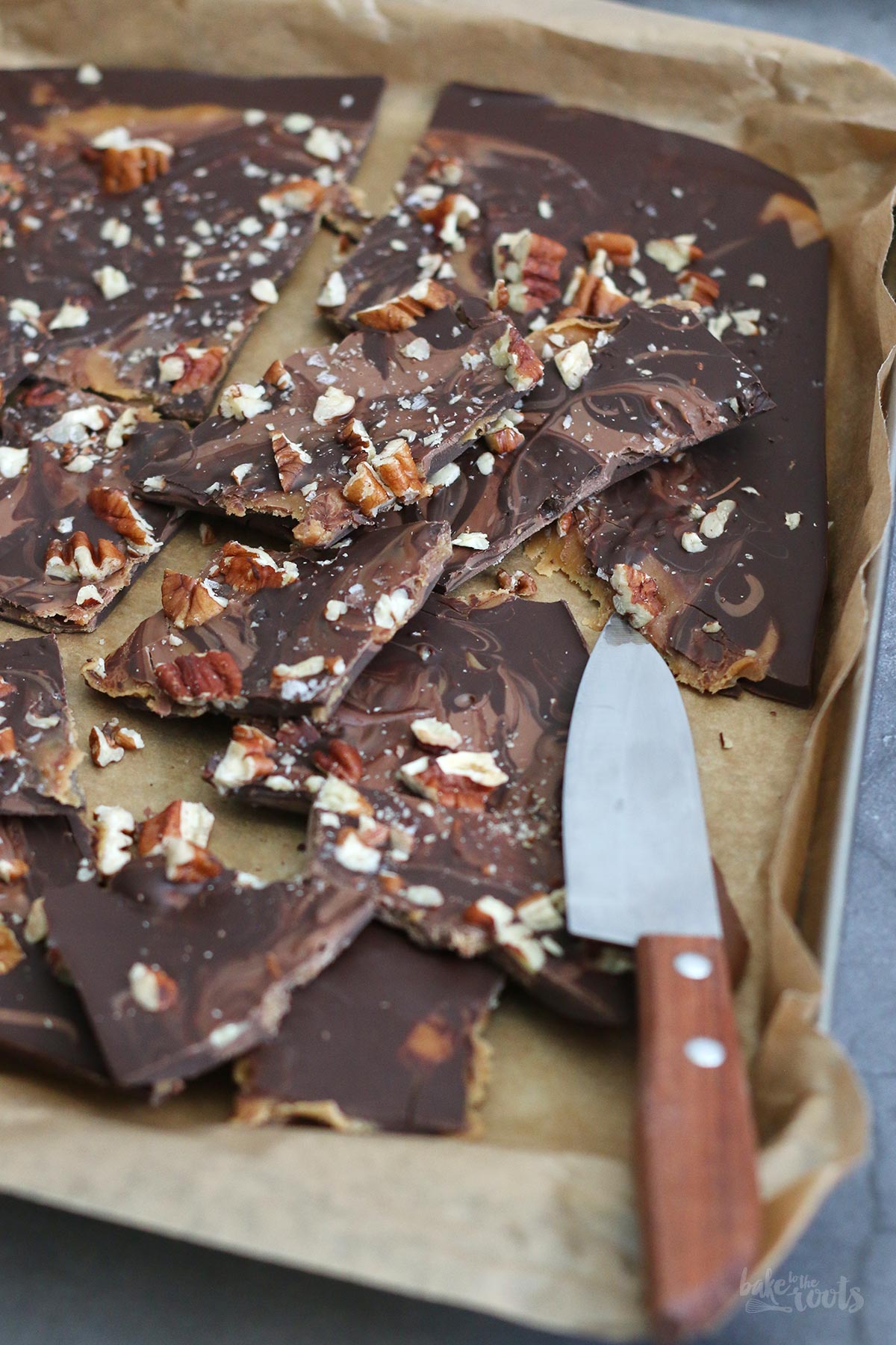 Salted Caramel Pecan Chocolate Bark | Bake to the roots