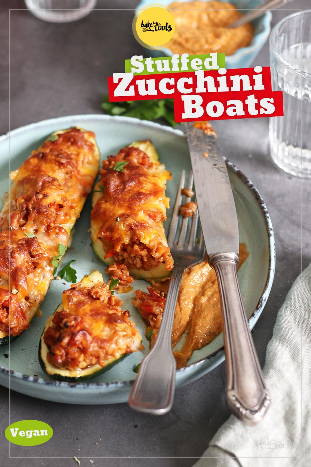 Vegan Zucchini Boats with Spelt & Fake Meat | Bake to the roots
