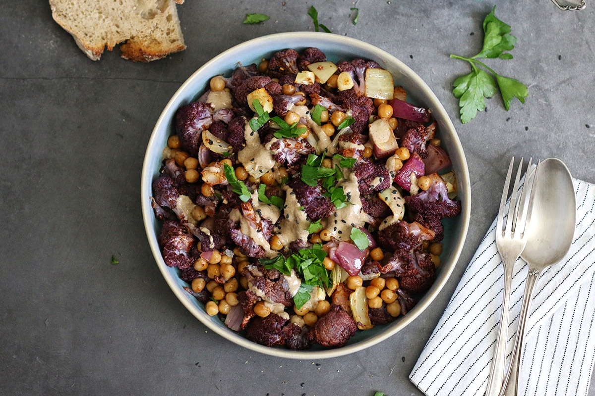 Roasted Harissa Cauliflower & Chickpea Salad | Bake to the roots