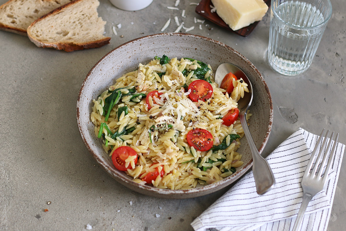 Creamy One-Pot Orzo with Leftover Chicken | Bake to the roots