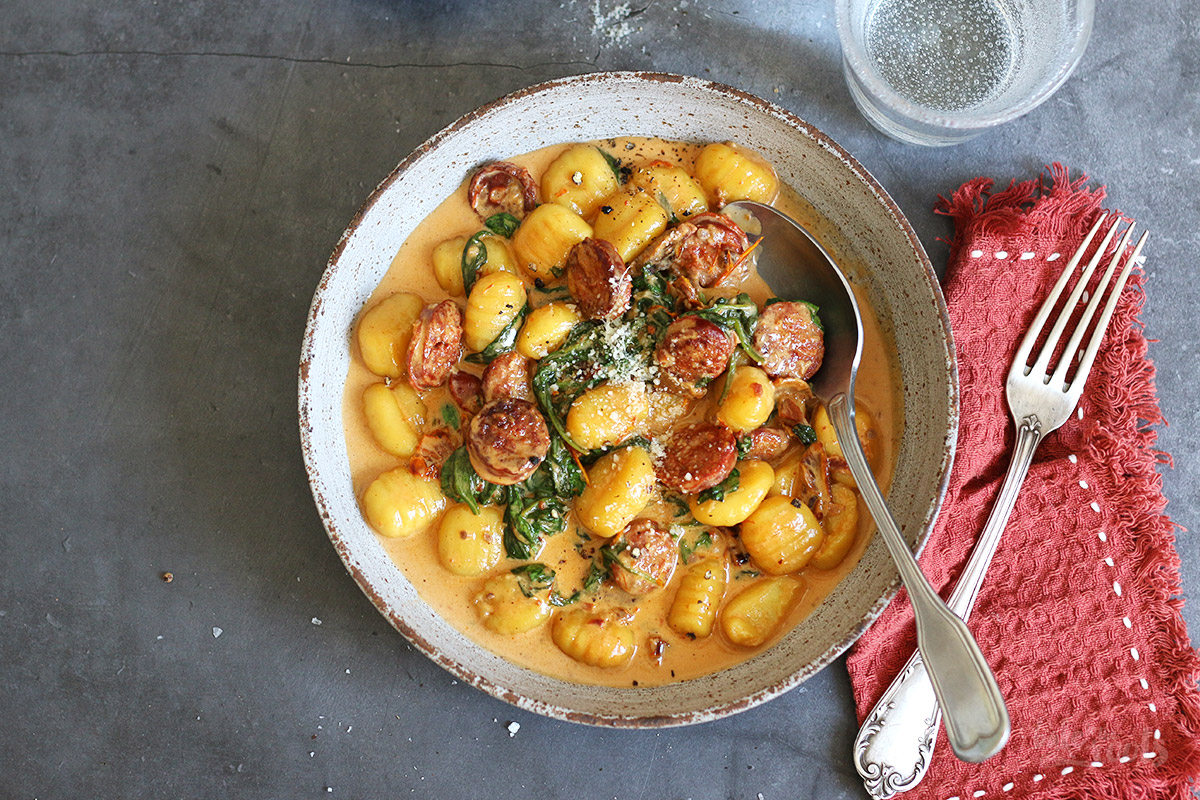 Gnocchi with Chorizo, Sun-Dried Tomatoes & Spinach | Bake to the roots