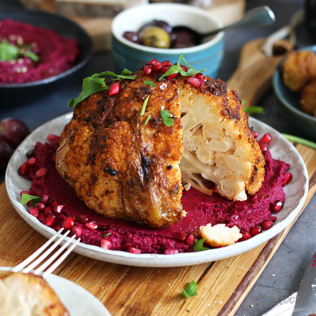 Harissa Roasted Cauliflower with Hummus Bake to the roots