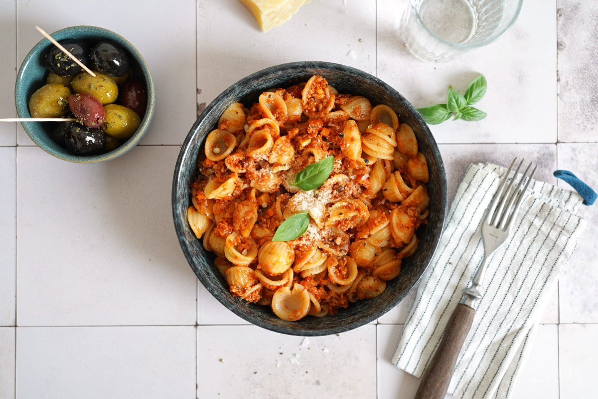 Easy Veggie Bolognese (with Soy Mince) | Bake to the roots