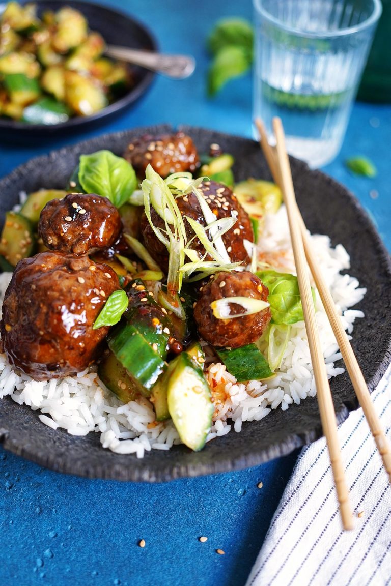 Spicy Meatballs with Cucumber Salad & Rice BTTR