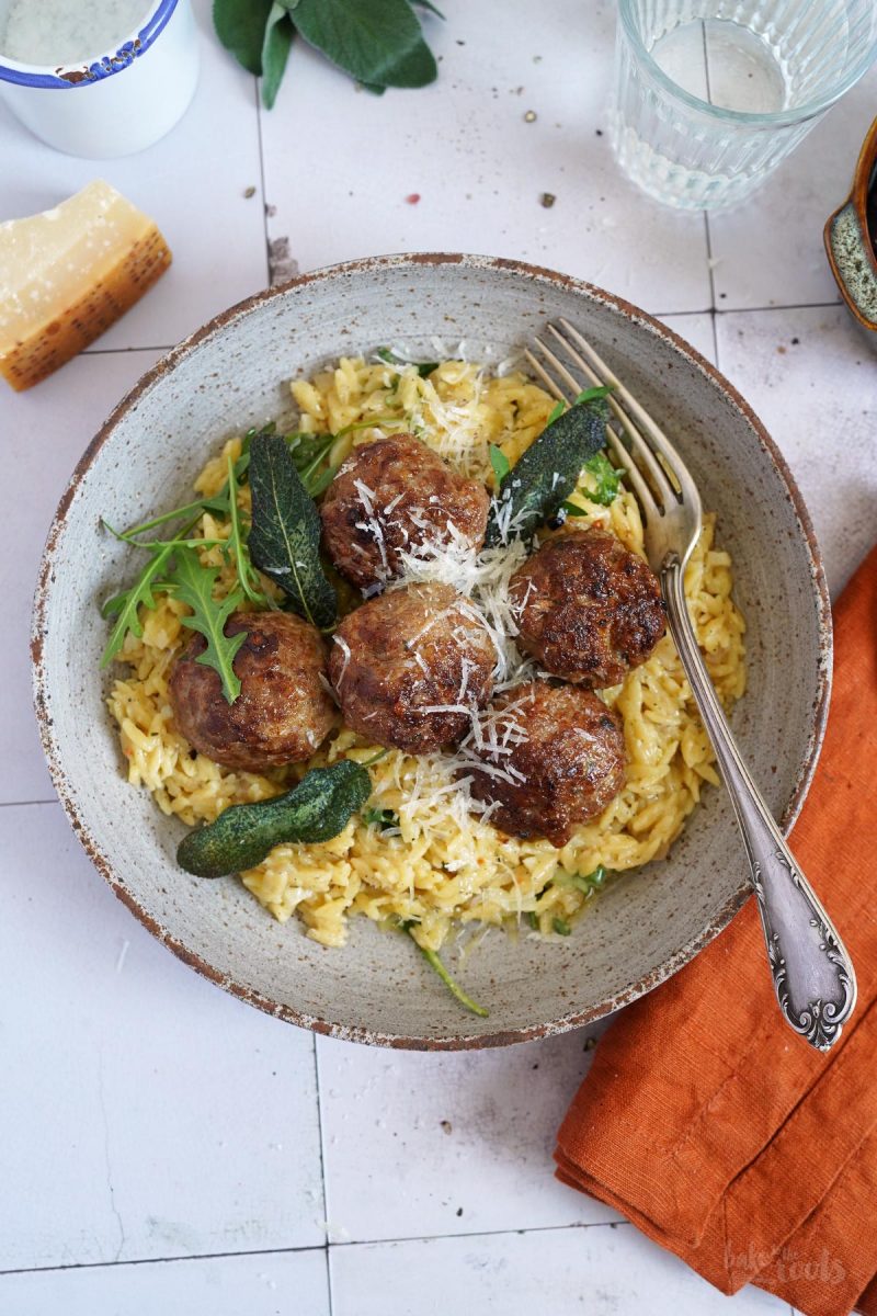 Meatballs with Parmesan & Arugula Risoni | Bake to the roots