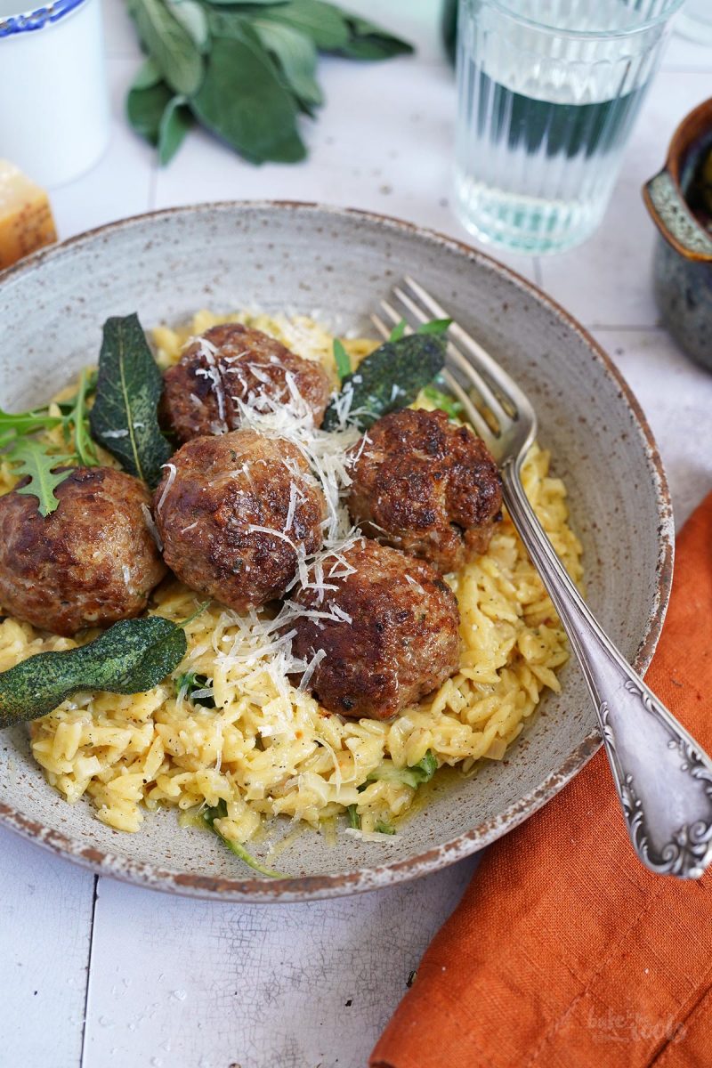 Meatballs with Parmesan & Arugula Risoni | Bake to the roots