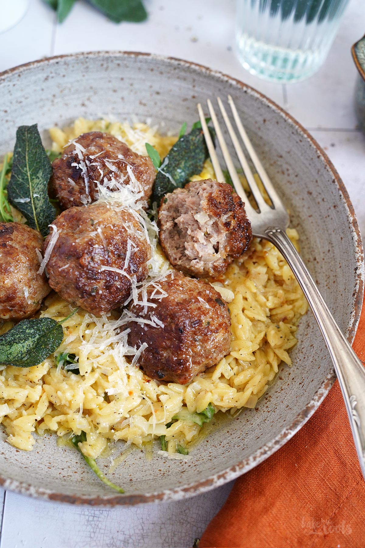 Meatballs with Parmesan & Arugula Risoni | Bake to the roots
