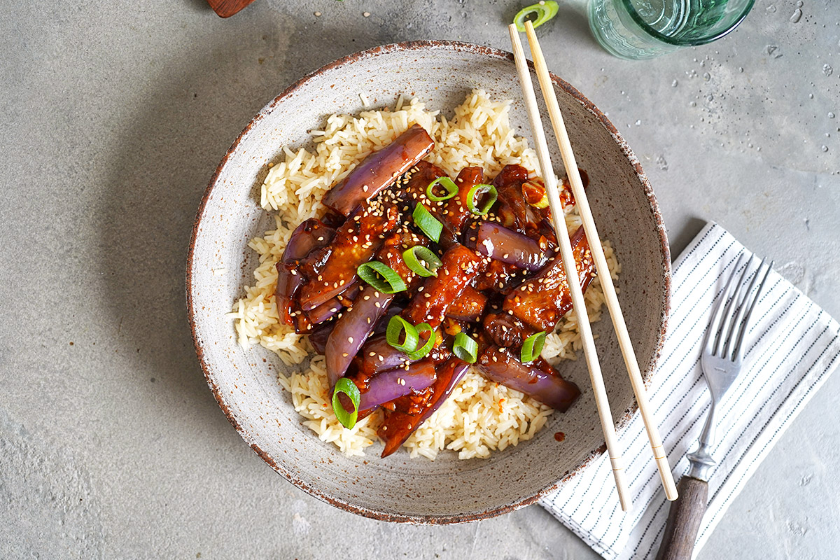 Gochujang Auberginen mit Reis | Bake to the roots