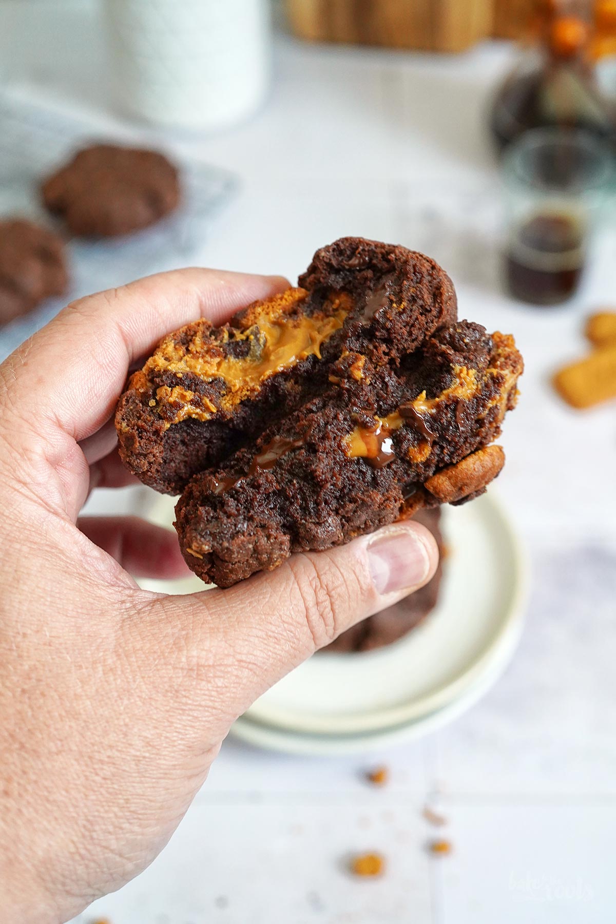 Chunky Biscoff Filled Chocolate Cookies | Bake to the roots