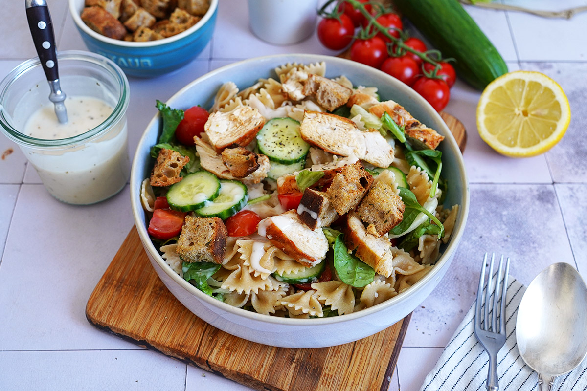 Caesar Chicken Pasta Salad | Bake to the roots