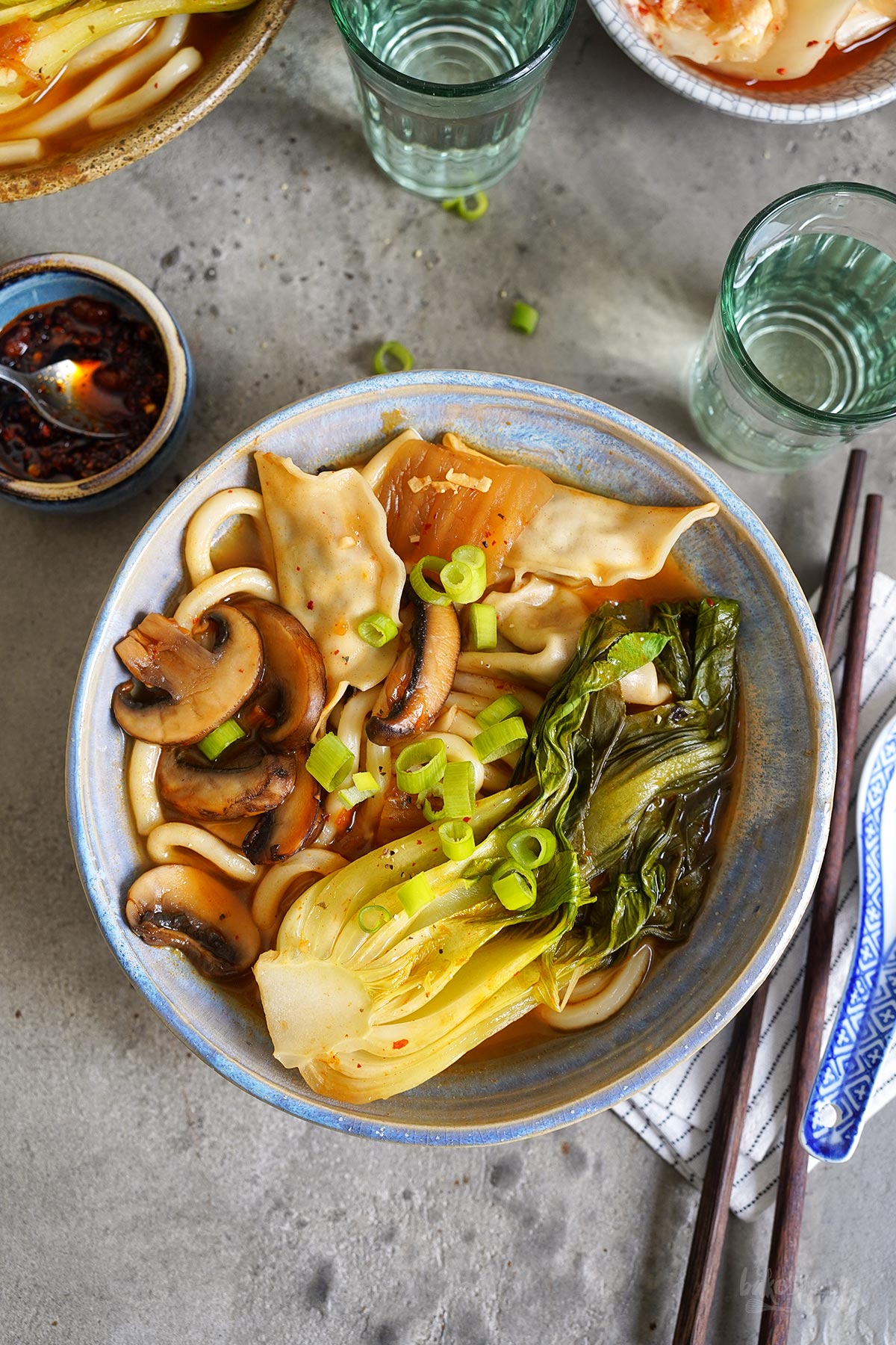 Udon Noodle Soup with Kimchi & Dumplings | Bake to the roots