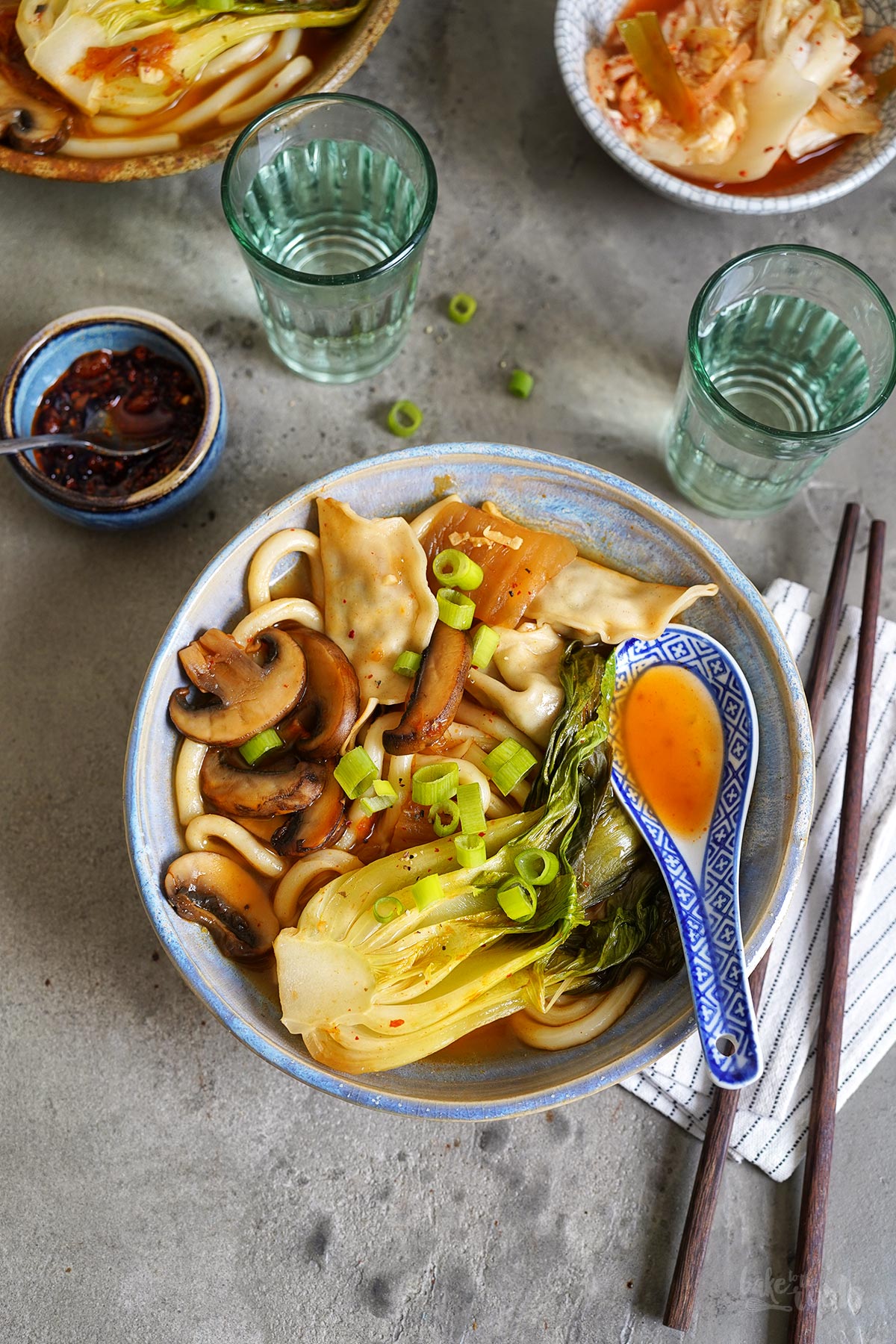 Udon Noodle Soup with Kimchi & Dumplings | Bake to the roots