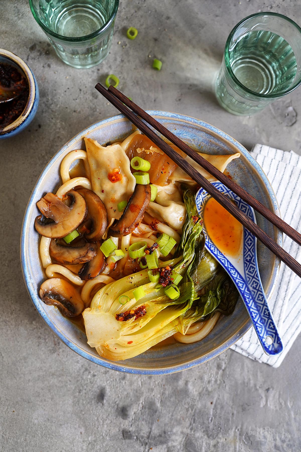 Udon Noodle Soup with Kimchi & Dumplings | Bake to the roots