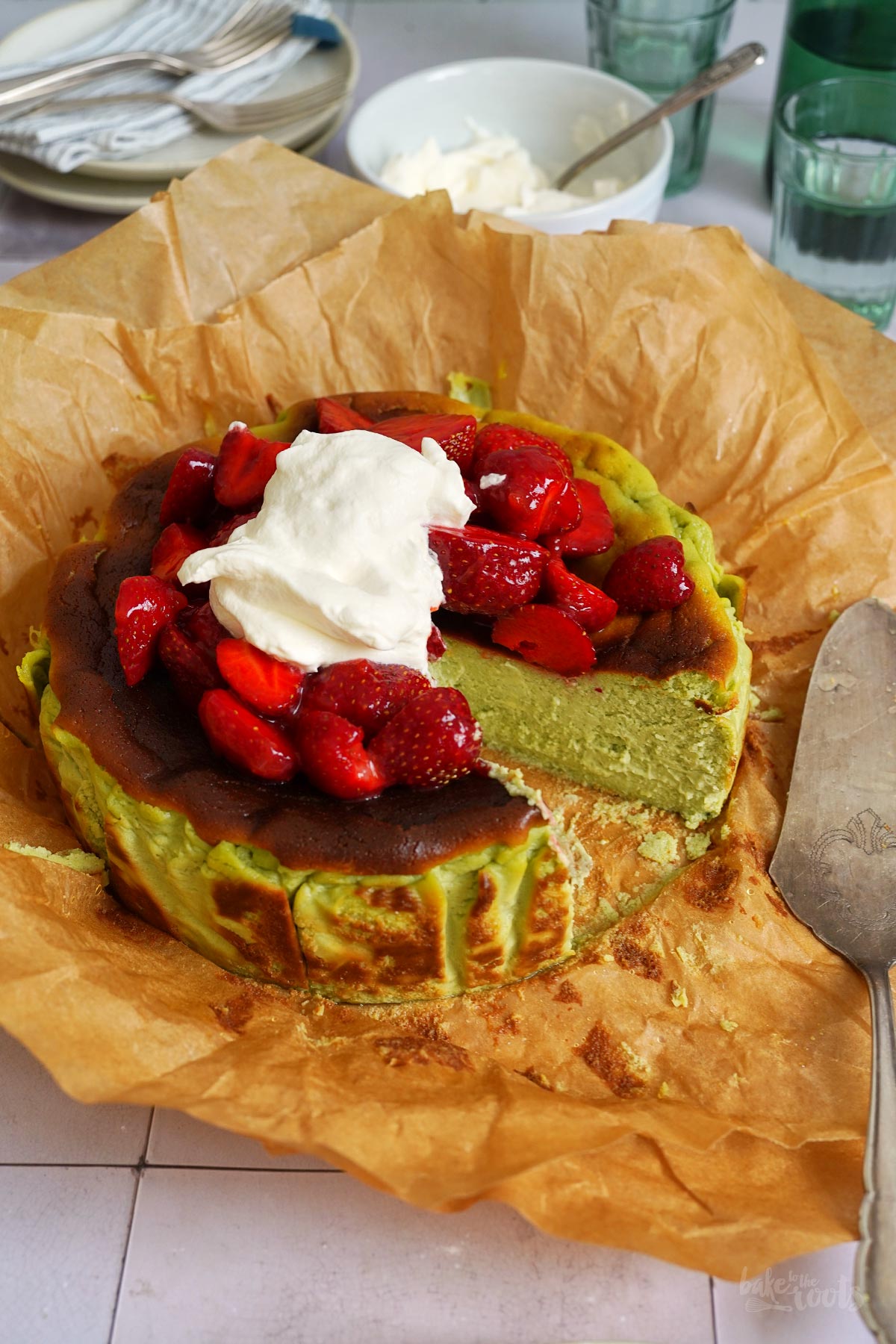 Strawberry Matcha San Sebastian Cheesecake | Bake to the roots