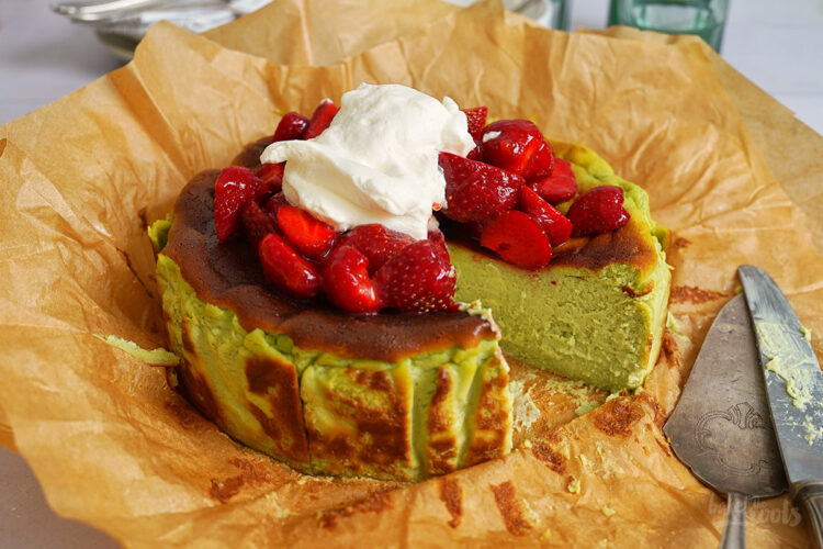 Strawberry Matcha San Sebastian Cheesecake | Bake to the roots
