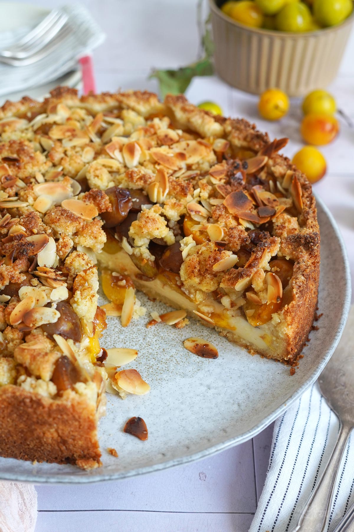 Mirabellen Pudding Streuselkuchen | Bake to the roots