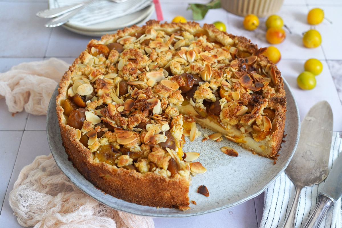 Mirabellen Pudding Streuselkuchen | Bake to the roots